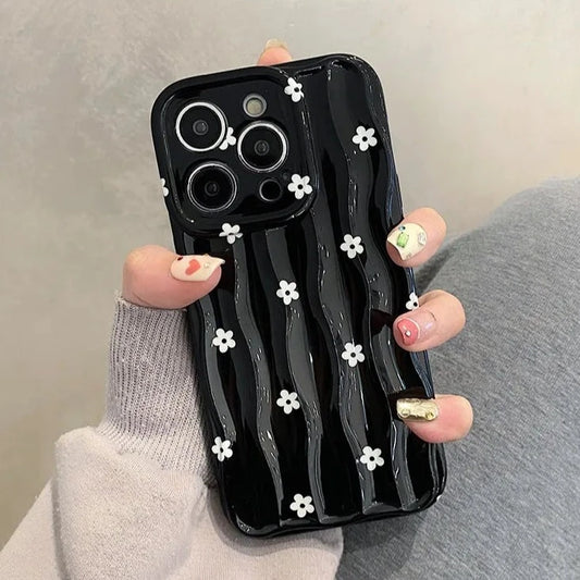 Fashion White Floral Black Case For iPhone 15 14 13 12 11 Pro Max